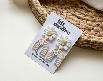 Pastel Rainbow Daisy Earrings | Rainbow Blossom Dangle Earrings | Lightweight Earrings | Handmade Clay Earrings