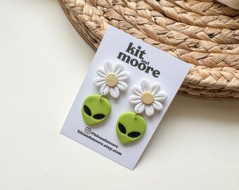Alien Daisy Dangle Earrings | Sci-Fi Earrings | Spring Alien  Earrings| Lightweight Earrings | Handmade Clay Earrings