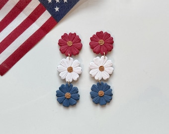 Patriotic Daisy Dangle Earrings | Red White and Blue Daisy Earrings | Fourth of July Flower Earrings | July 4th Earrings | Handmade Earrings