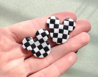 Checkered Magic Mouse Stud Earrings | Off the Wall Studs | Checker Print Mouse Earrings | Handmade Clay Earrings