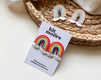 Rainbow Cloud Dangle Earrings | Pastel Rainbow Earrings | Classic Rainbow Earrings | Lightweight Earrings | Handmade Clay Earrings