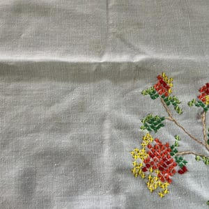 Puede incluir: Tela de lino gris claro con un dise&ntilde;o de bordado floral a punto de cruz. El bordado presenta flores y hojas rojas, amarillas y verdes sobre un tallo marr&oacute;n. La tela tiene una textura sutil.