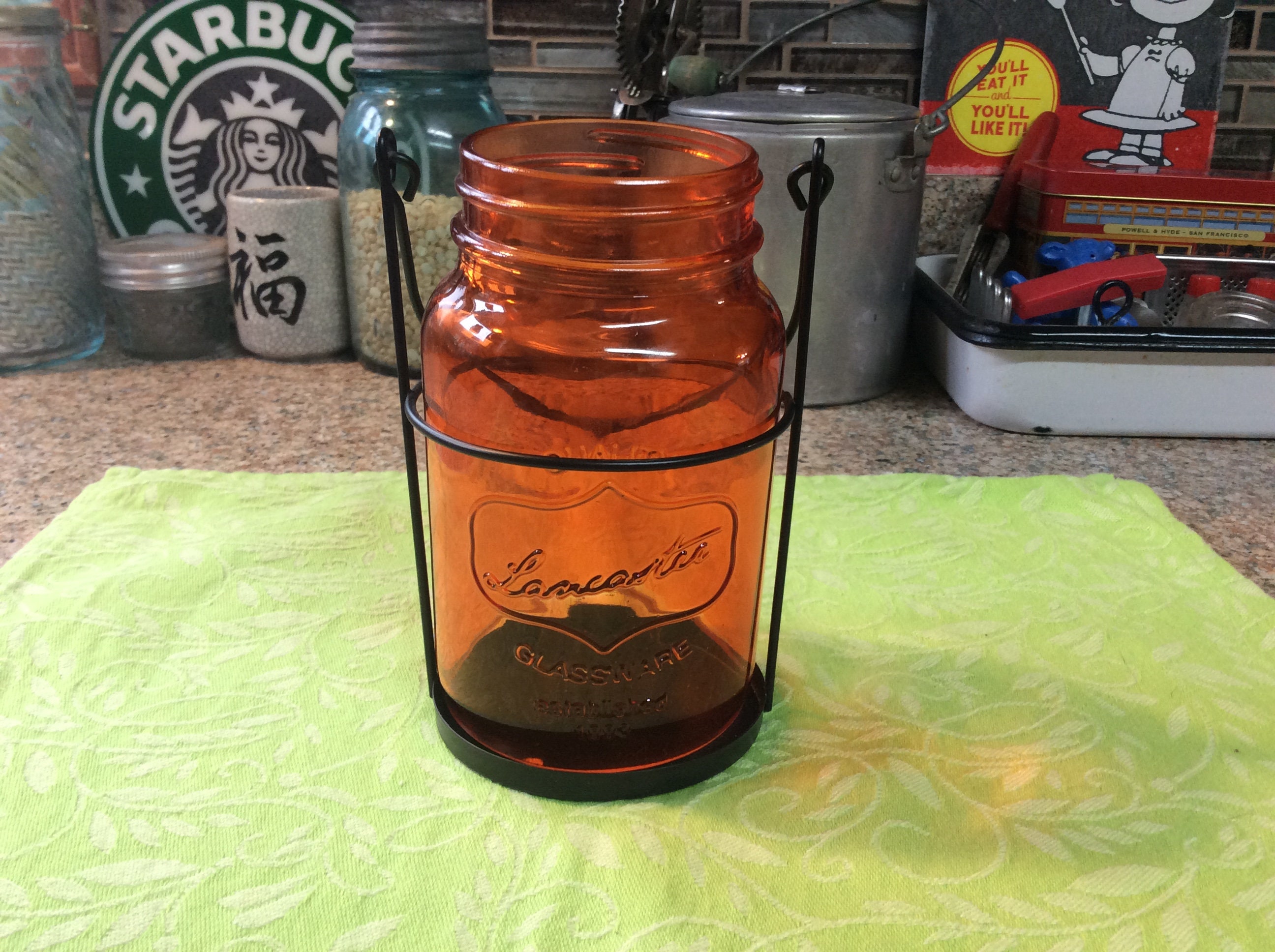 Vintage 70's Clear Glass Cookie Jar W/ Reddish/Orange 3L CARLTON Halloween  retro