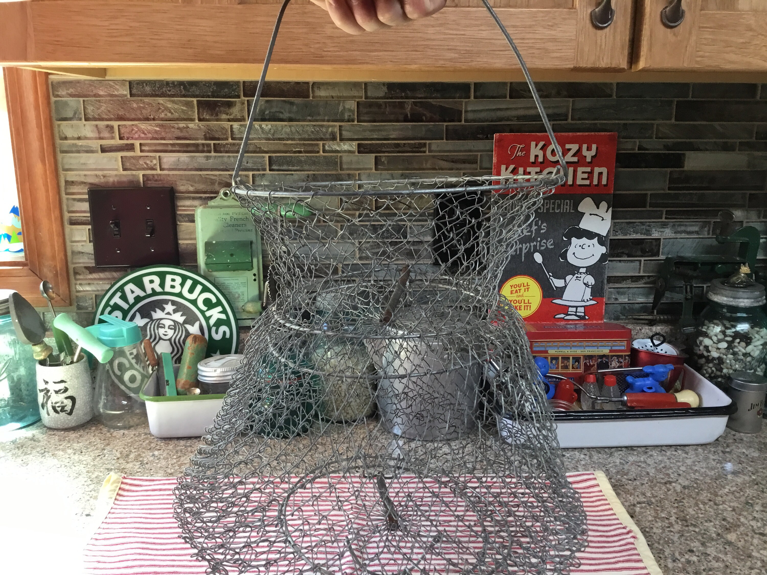 Vintage Cutout Galvanized Fish Trap Live Bait Basket Handle