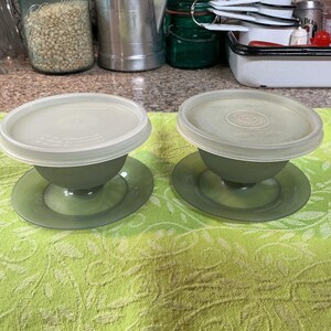 May include: Two sage green plastic bowls with matching translucent lids. Each bowl features a wide, flat circular base and a rounded body. The lids are circular and fit securely on top of the bowls. The design is simple and functional for storage.