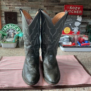 Peut inclure: Une paire de bottes de cowboy gris foncé avec un pied en cuir texturé à motif peau de serpent et une tige haute ornée de surpiqûres ton sur ton. Les bottes présentent un bout pointu et une doublure intérieure beige, posées sur une surface rayée.