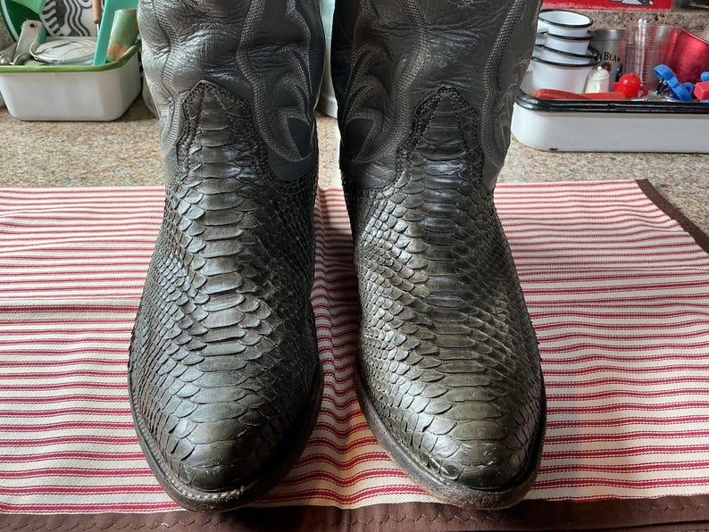 May include: A pair of dark grey cowboy boots featuring a textured snakeskin pattern on the vamp and toe, with smooth leather shafts that display decorative stitching. The boots have a pointed toe design and a tall, structured silhouette.