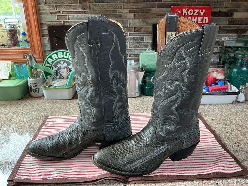 May include: A pair of dark grey cowboy boots featuring a textured snakeskin-patterned leather foot and a smooth leather shaft with decorative white stitching. The boots have a pointed toe, a stacked heel, and pull tabs at the top of the shaft.