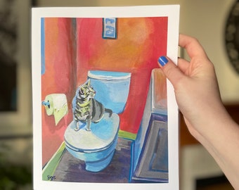 Cat in Bathroom - Original Gouache Art Print (8x10, 4x5)