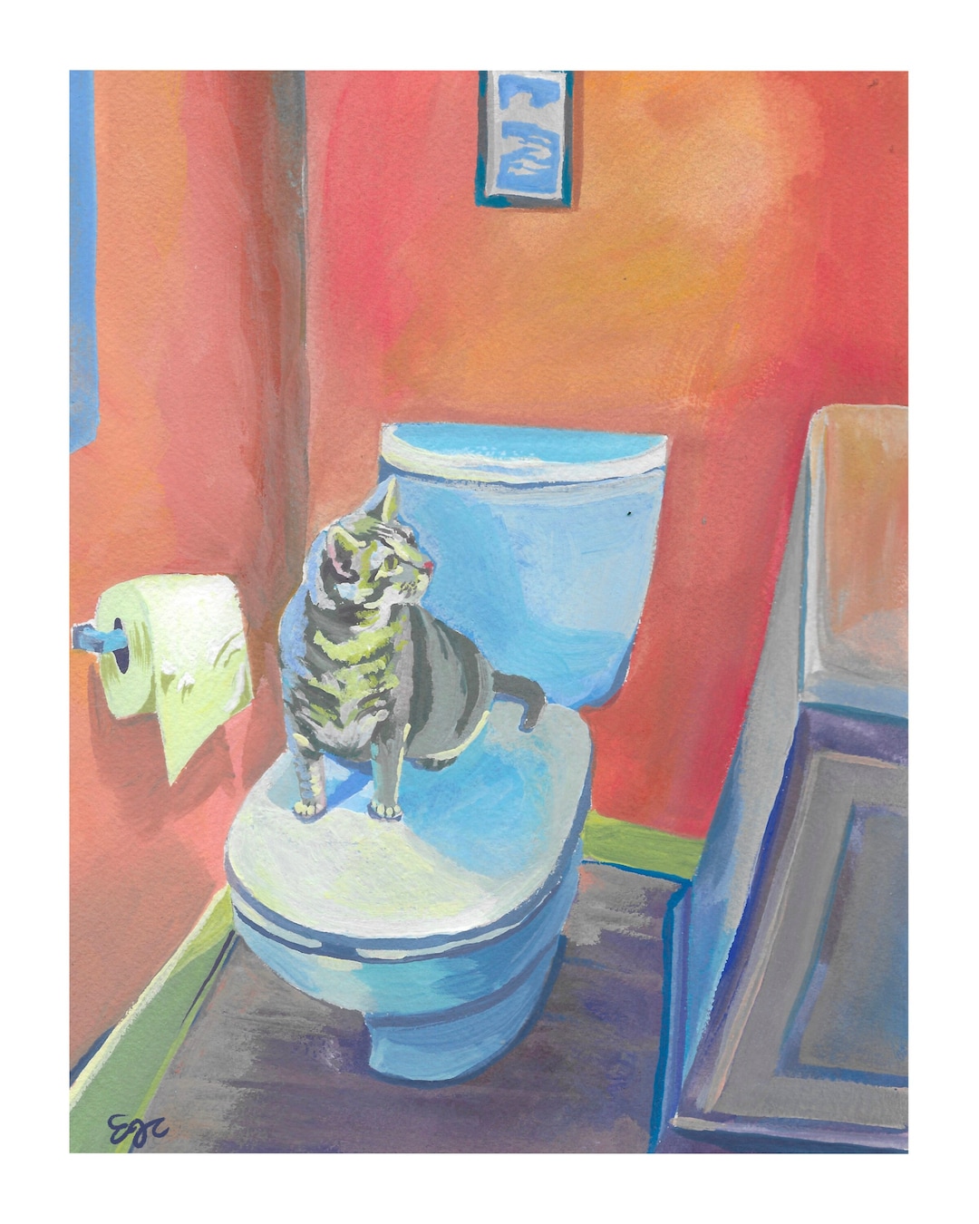 Cat in Bathroom Art Print Cat Painting, Bright Wall Art, Original Art ...