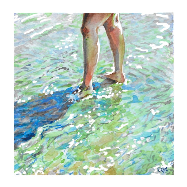 Ocean Shore Watercolor Art Print- Colorful Watercolor, Feet in the water, Art Print, Wall Art, Beach Painting, 8x8 Print