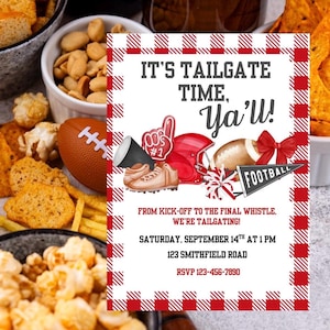 Editable Football Tailgate Party Invitation | College Game Day Couples Shower, Engagement, or Graduation Invite | Red and Black Football
