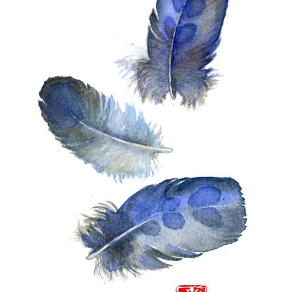 Three postcards with watercolor feathers art prints-Blue bird feather 3-pieces post cards set-Post cards for fairy tales mood post crossing