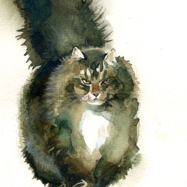 Big Siberian cat art print - Original watercolor painting kitty print-Aquarelle watercolor cat lover wall art-Gift for animal lovers tomcat