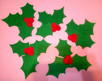Felt holly leaves set of 30 pieces/Holly leaves and berries/Green and red leaves/Christmas felt holly/Craft embellishments