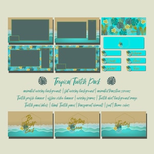 Animated Tropical Beach Themed Twitch or Kick Pack - Overlays, Panels, Profile Banner, and MORE
