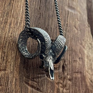 Silver Ram Head Pendant Necklace | Sterling Silver Ram Skull Amulet for Men | Animal Totem Jewelry | Handmade Ram Skull Charm | Horn Pendant