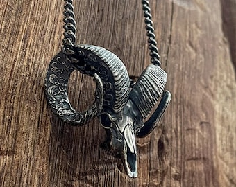 Silver Ram Head Pendant Necklace | Sterling Silver Ram Skull Amulet for Men | Animal Totem Jewelry | Handmade Ram Skull Charm | Horn Pendant