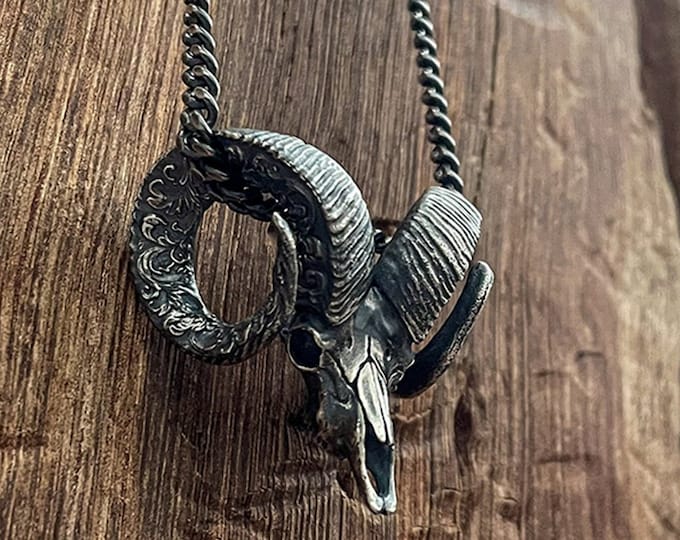 Silver Ram Head Pendant Necklace | Sterling Silver Ram Skull Amulet for Men | Animal Totem Jewelry | Handmade Ram Skull Charm | Horn Pendant
