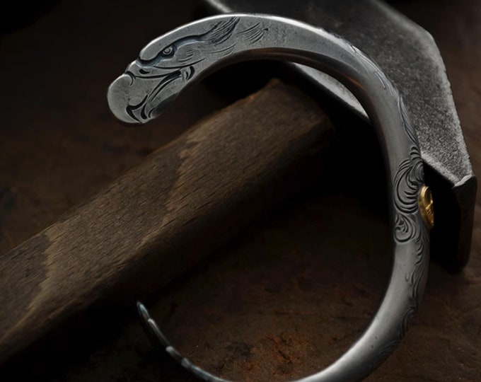 925 Sterling Silver Eagle Cuff Bracelet, 18K Solid Gold Accent Eagle Centerpiece, Engraved Eagle Feather and Head Bangle, Handmade Jewelry
