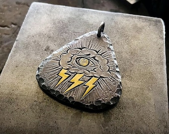 24k Gold Lightning Bolt Pendant – Sterling Silver All-Seeing Eye Necklace, Handmade Gothic Talisman Jewelry
