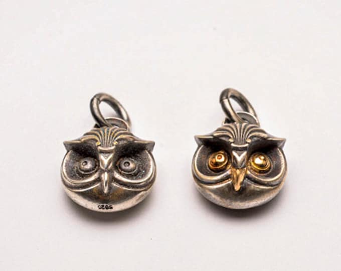 Vintage Silver Owl Pendant with 18K Gold Eyes | Handmade Symbolic Wisdom Charm for Men & Women |Animal Totem Jewelry Gift |Owl Charm Jewelry