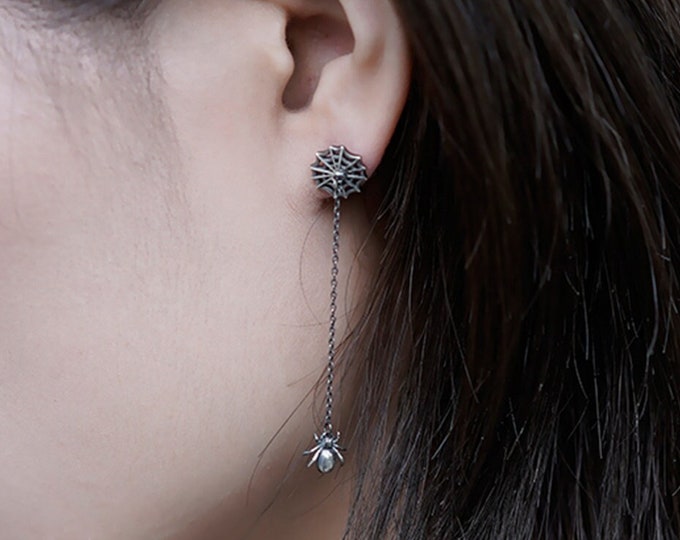 Limited Steal Deals | Sterling Silver Spider Web Earrings | Gothic Spider Chain Studs | Halloween Jewelry | Edgy Web and Spider Ear Chain