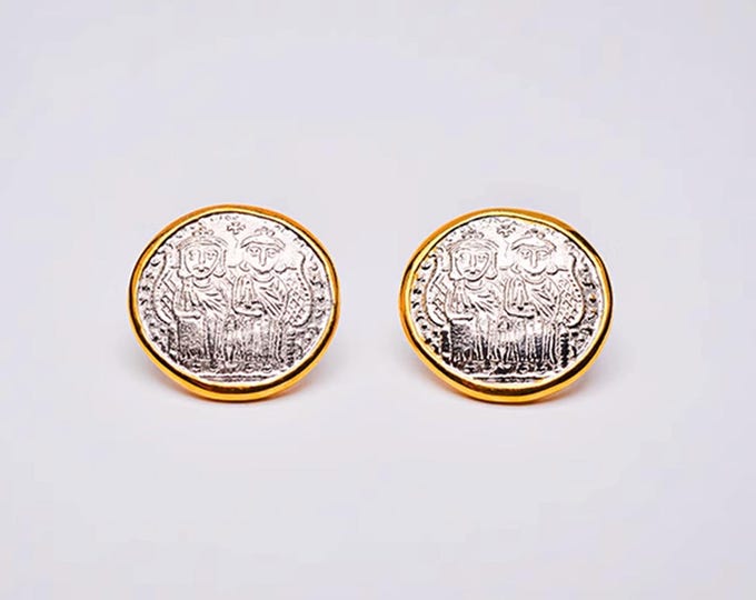 Vintage Coin Stud Earrings | Greek History-Inspired Jewelry | 24K Gold-Plated Sterling Silver | Large Two-Tone Coin Earrings for Women