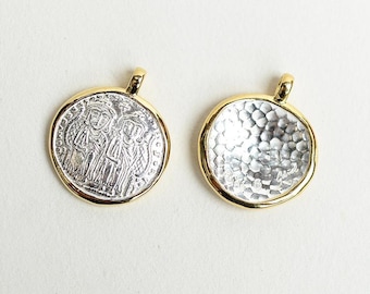 Handmade Greek Coin Pendant – Sterling Silver and Gold Bezel Necklace, Vintage Inspired Artisan Jewelry