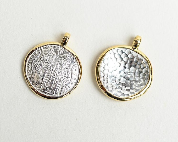 Greek Coin Pendant with Gold Bezel | Handmade Silver and Gold Charm Necklace | Vintage-Inspired Artisan Jewelry | Replica Coin Pendant Women