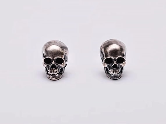 Sterling Silver Skull Studs – Gothic Punk Earrings, Handmade Rock Jewelry Gift for Men Women