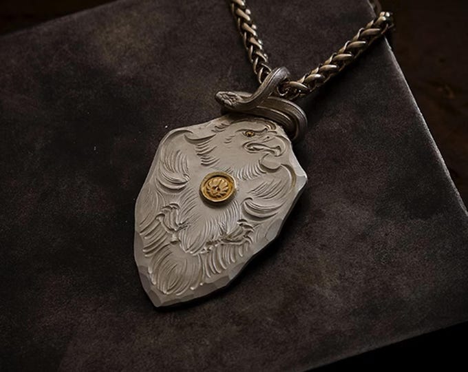 Handmade Sterling Silver Eagle Pendant with 18k Gold Eagle Charm, Unique Handcrafted Necklace for Men, Symbolic Animal Jewelry Gift for Him