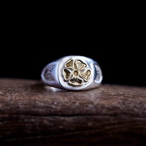 Sterling Silver Floral Ring with 18K Gold Rose | Handcrafted Flower Signet Ring for Men and Women | Tribal Ring | Botanical Jewelry Gift