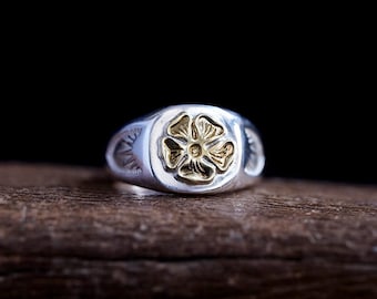 Sterling Silver Floral Ring with 18K Gold Rose | Handcrafted Flower Signet Ring for Men and Women | Tribal Ring | Botanical Jewelry Gift