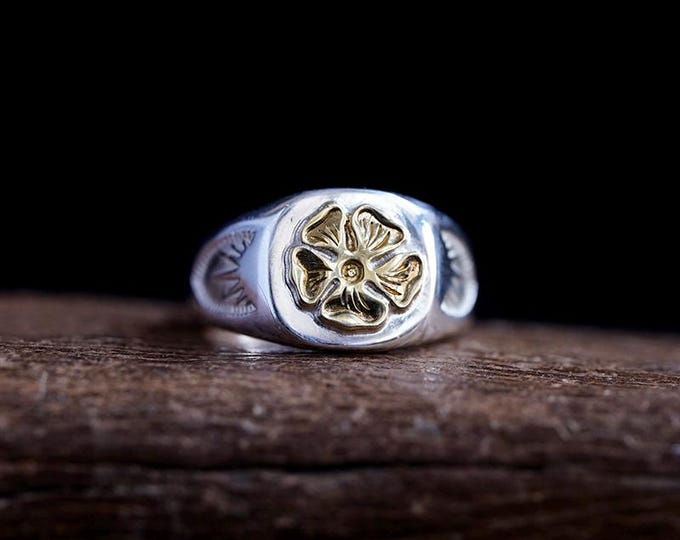 Sterling Silver Floral Ring with 18K Gold Rose | Handcrafted Flower Signet Ring for Men and Women | Tribal Ring | Botanical Jewelry Gift