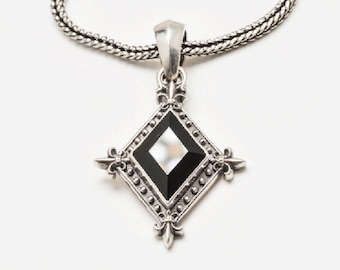 Fleur-de-lis Pendant | Floral Necklace Silver | Black Onyx Pendant Necklace | Medieval Necklace Mens | Black Stone Necklace Rhombus Pendant