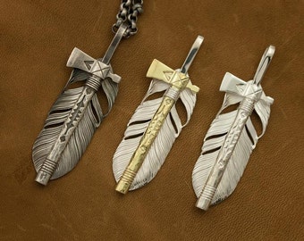 Sterling Silver Tomahawk Pendant - Tribal Pipe Axe Necklace, Native American-Inspired Feather Jewelry, Hatchet Pendant, Rustic Mens Necklace
