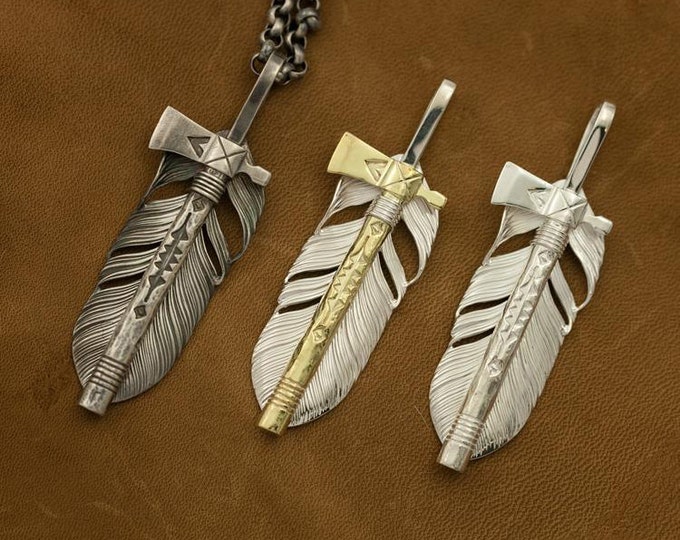 Sterling Silver Tomahawk Pendant - Tribal Pipe Axe Necklace, Native American-Inspired Feather Jewelry, Hatchet Pendant, Rustic Mens Necklace