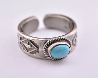 Vintage Sterling Silver Turquoise Ring for Men | Handcrafted Adjustable Boho Jewelry | Southwest Tribal Style Statement Look Geometric Ring