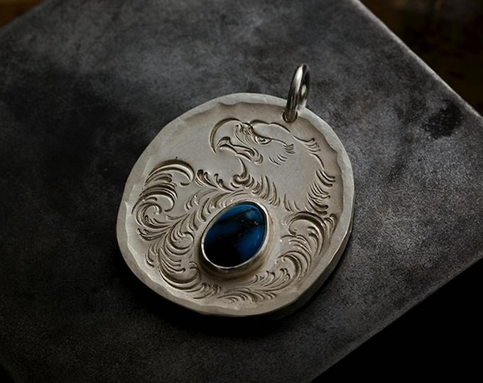 Sterling Silver Eagle Pendant with Natural Turquoise, Flying Eagle Sunray Engraving Pendant, Handmade Nature Jewelry, Hawk Pendant Necklace