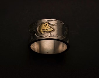 925 Sterling Silver Eagle Ring with 18K Gold Beak, Mountain Engraving Inside, Handmade Symbolic Jewelry for Men, Detailed Engraved Design