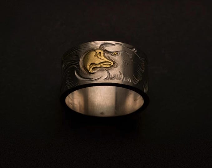 925 Sterling Silver Eagle Ring with 18K Gold Beak, Mountain Engraving Inside, Handmade Symbolic Jewelry for Men, Detailed Engraved Design