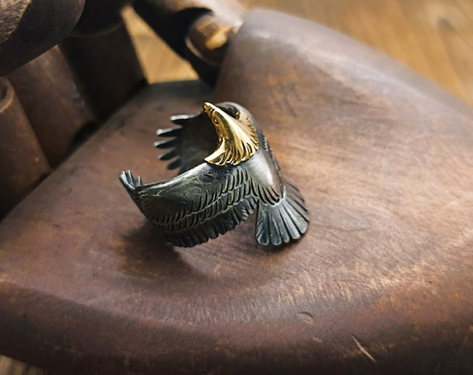 18K Solid Gold and Sterling Silver Flying Eagle Ring for Men | Statement Jewelry | Handcrafted Eagle Design | Nature Inspired Gift for Him