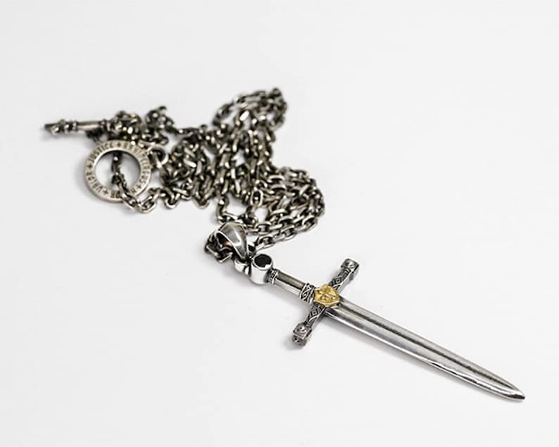 Sterling Silver Sword Pendant For Men Silver Dagger Pendant Medieval Sword Jewelry Warrior Necklace Cross Charm Gold Dagger Necklace image 5