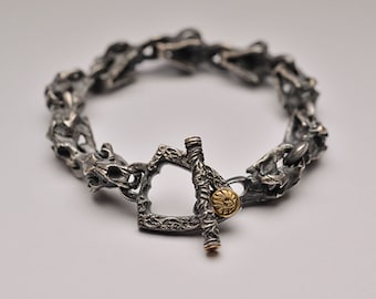 Sterling Silver Skull Bracelet | Lion Head Clasp Bracelet | Gothic Rock Jewelry | Mens Statement Chain Bracelet | Skull Jewelry Gift for Him