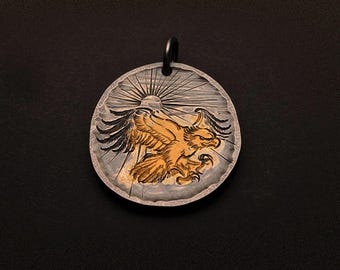 Silver Bald Eagle Pendant with 24k Gold Accent, Sunbeam Engraved American Eagle, Sterling Silver Hawk Jewelry, Handmade Eagle Pendants Men