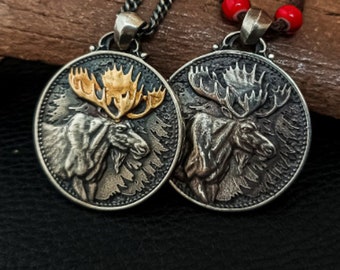 Handcrafted Silver Moose Pendant with 18K Solid Gold Antlers, Rustic Wildlife Necklace, Sterling Silver Moose Jewelry, Deer Pendant Necklace