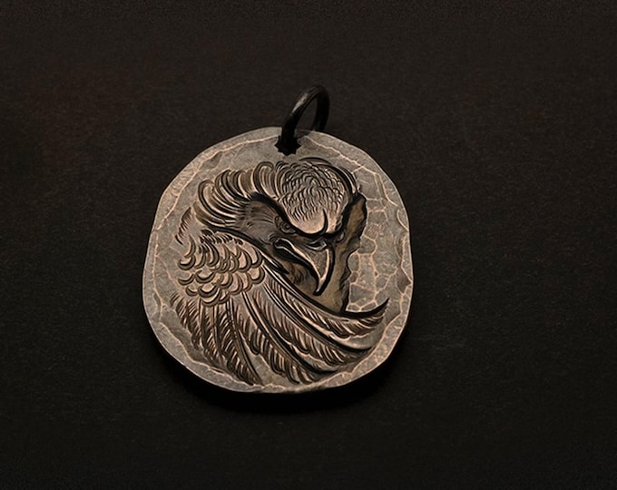 Sterling Silver Eagle Pendant, Handmade Hawk Pendant Necklace, Flying Eagle with Sunray Engraving, Nature-Inspired Symbolic Artisan Jewelry