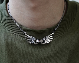 Silver Angel Wings Necklace for Men | Gothic Wing Pendant with Red Gemstone Ruby Sapphire Onyx Gemstone | Handmade Protection Necklace Mens