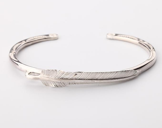 Sterling Silver Feather Cuff Bracelet, Handmade Boho Jewelry, Thin Adjustable Cuff for Women, Stackable Feather Bangle, Thin Cuff Bracelets